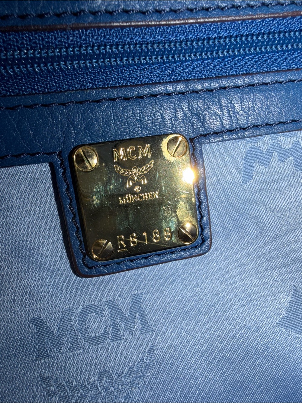 MCM Blue Leather Top-Handle Satchel Bag with Gold Hardware - Picture 12 of 15